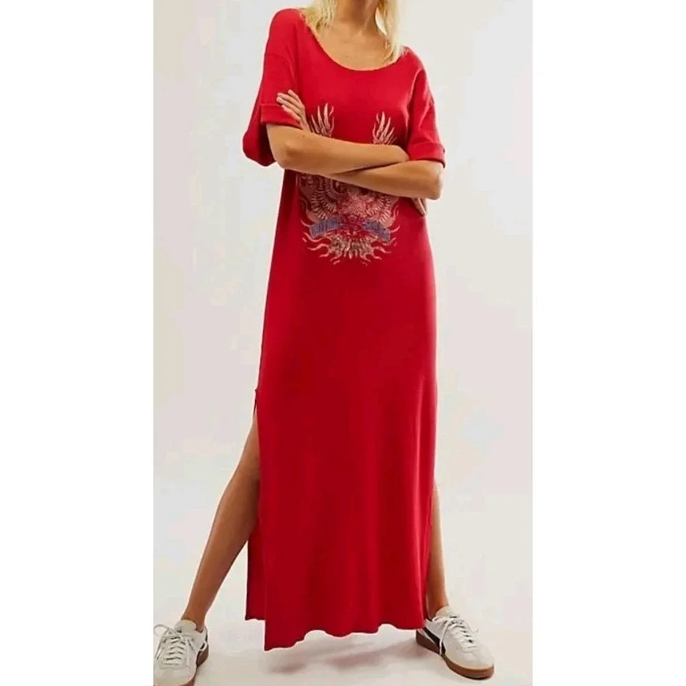 Free People X Vintage Souls Thermal Maxi Dress S Red Eagle Print